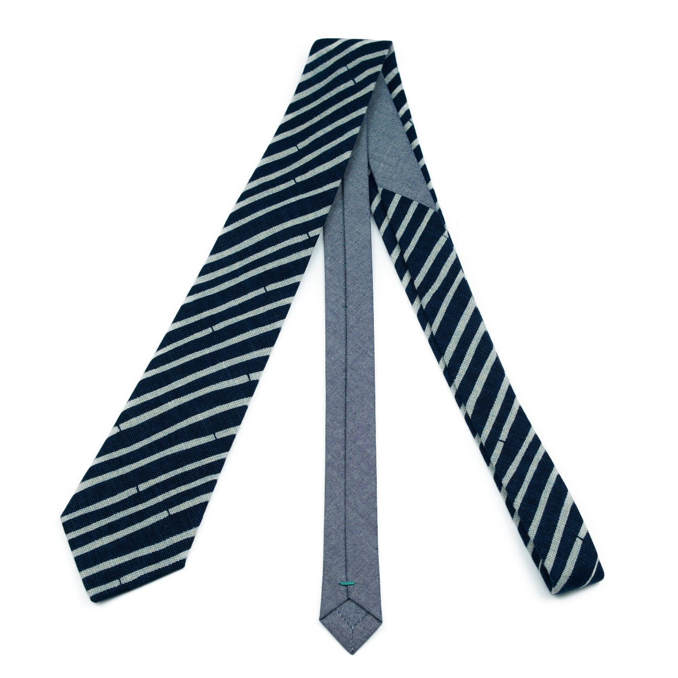 Krawatte // Dunkelblau Weiß Gestreift & Graublau Chambray // Breite Bold
